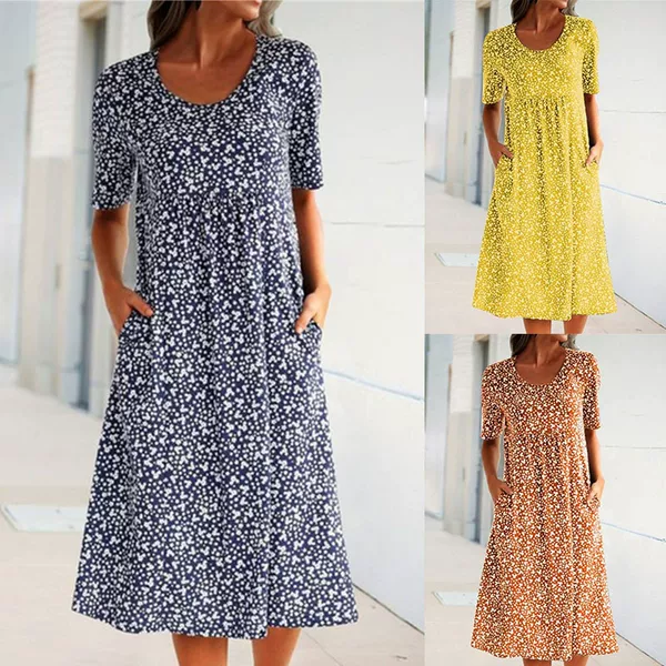 Cross-Border Independent Website Hot-Selling European and American French Resort Style New Round Neck Short-Sleeve Floral Mid-Length Dress