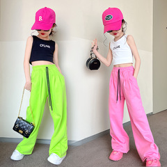 韓國童裝2024春夏新款女童針織闊腿褲中大童休閒糖果色洋氣褲子潮