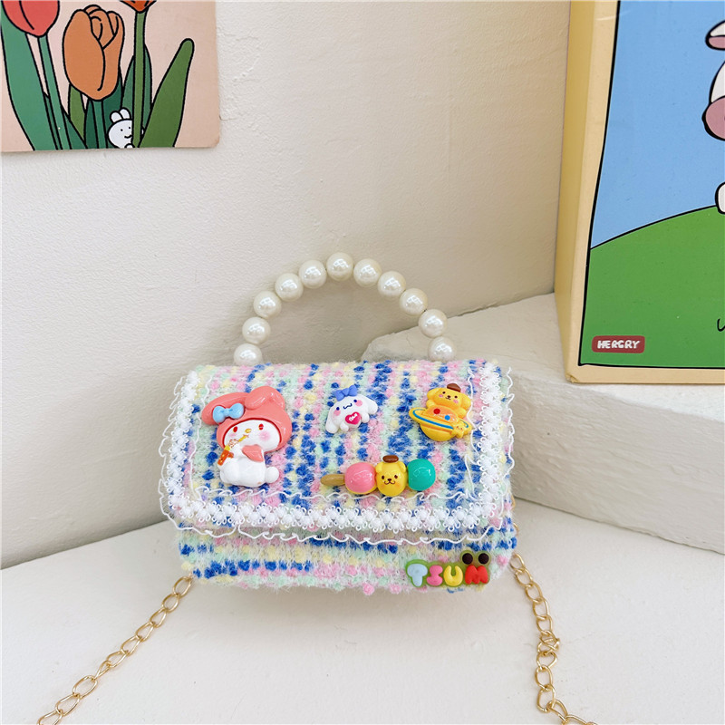 Venta al por mayor Otoño e Invierno estilo occidental niños pequeño bolso cuadrado moda femenina niñas contraste color cadena bolso simple con cuentas