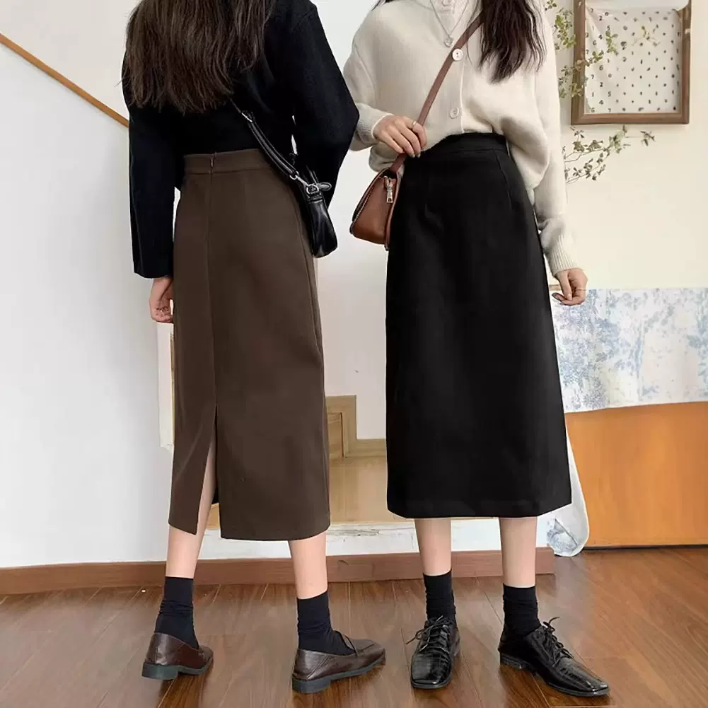半身裙女秋冬2024新款毛呢高腰显瘦复古开叉设计感a字裙中长裙子