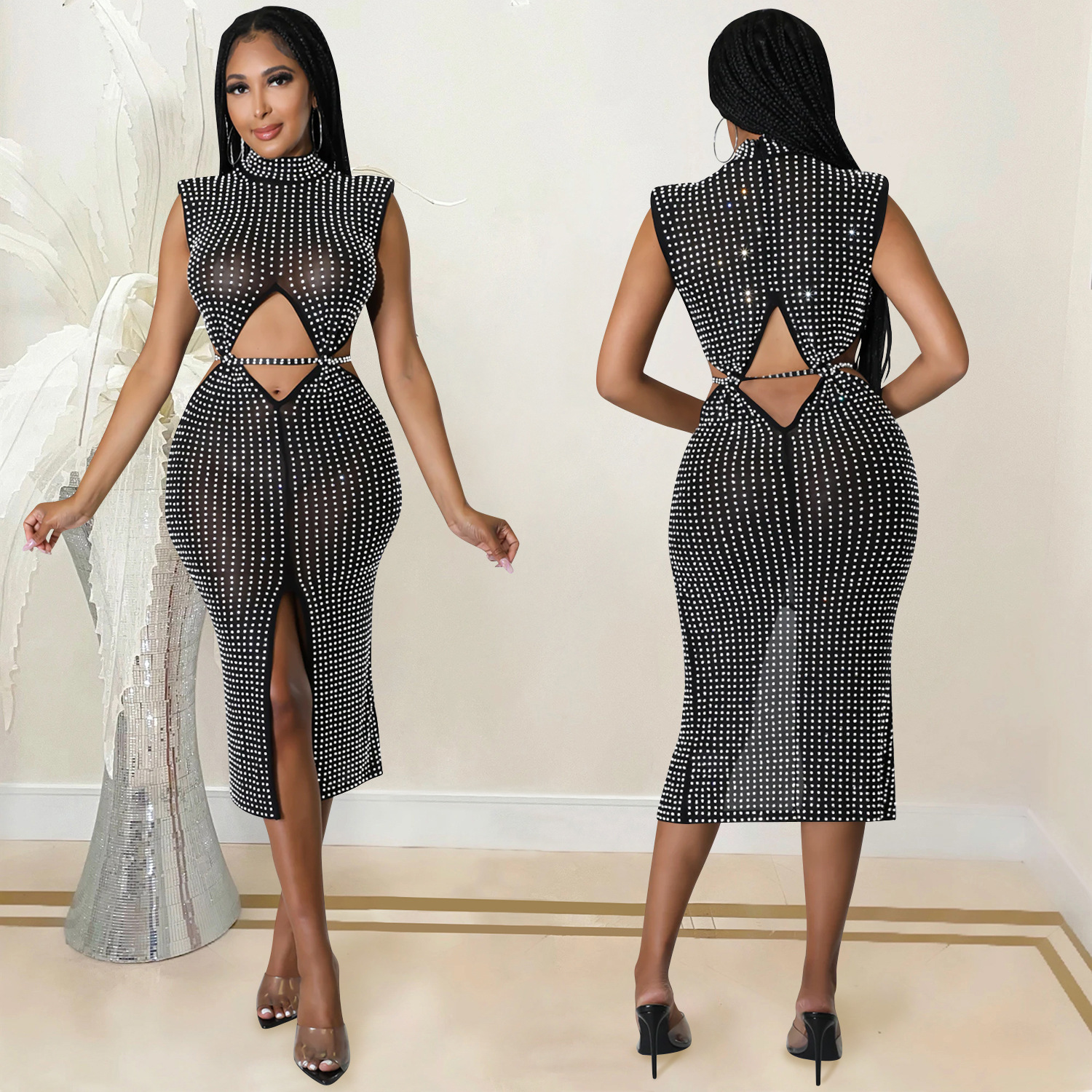 C596 transfronteriza AliExpress amazon moda sexy malla perspectiva rhinestone hueco split vestido ropa de mujer