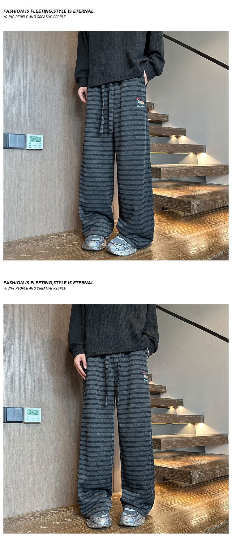 Pantalon décontracté homme rayé avec broderie teckel ample_voghion.com