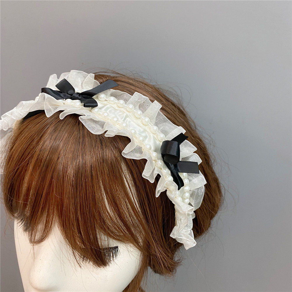 Fashion Lace Bow Headband Sweet Double Row Pearl Wide-brimmed Hair Accessories display picture 1