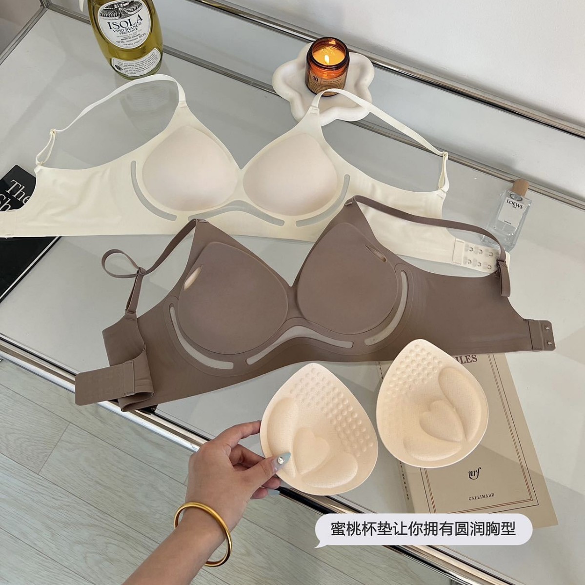 Taza de melocotón, ropa interior de mantenimiento de gelatina hueca, hermosa espalda, sin costuras, sección delgada, sin anillo de acero, pecho pequeño, sujetador de expansión exterior, mujer