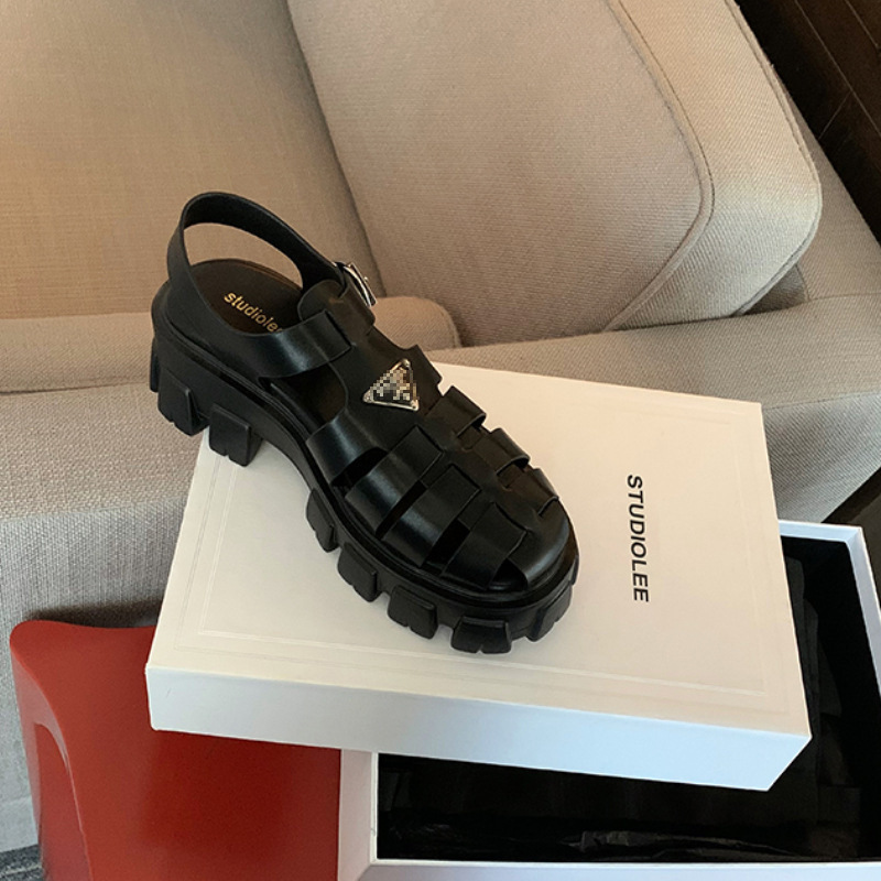 포도 엄마 같은 스타일 플랫폼 두꺼운 바닥 삼각형 짠 샌들 기어 두꺼운 뒤꿈치 둥근 발가락 높이 증가 로마 Baotou 여성 신발