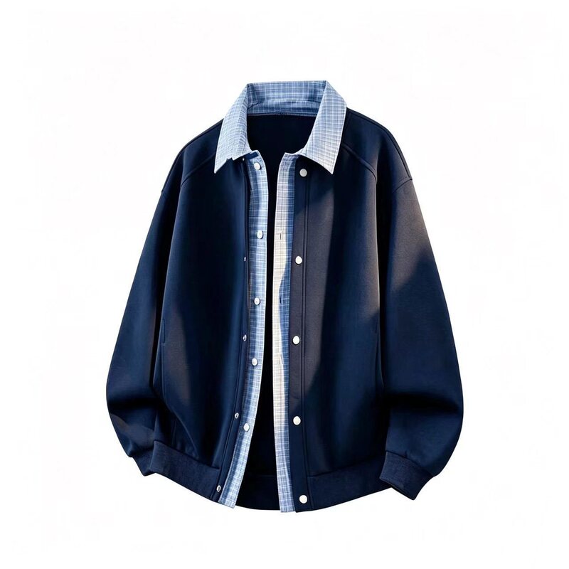 Men's faux two-piece lapel jacket, loose fit, plus size, casual baseball jacket for spring and autumn Men's faux two-piece lapel jacket, loose fit, plus size, casual baseball jacket for spring and autumn