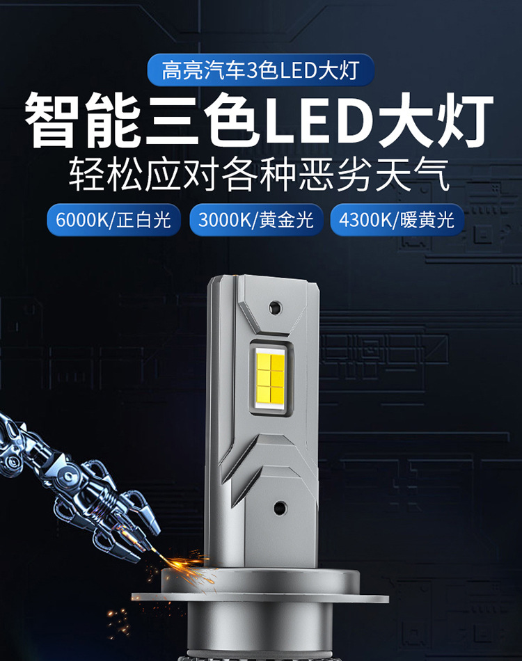Cross-border car three-color headlight led laser H7 super bright 9005H11 far and near light H4 strong light H1 car bulb 9012