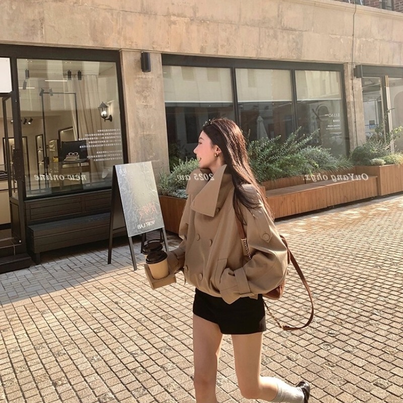 英伦风外套女2025早秋新款气质名媛轻奢双排扣立领短款风衣韩版潮|undefined
