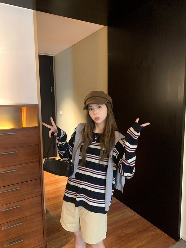 慵懒风撞色条纹长袖针织衫女早秋薄款防晒罩衫宽松休闲松弛感上衣|undefined