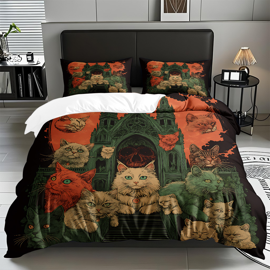 Transfronterizo textil doméstico molido caricatura gatito impresión digital suave permeable colcha colcha set fuente fábrica Temu / JIT