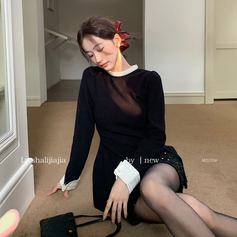 LS는 매우 단순한 대비 색상 슬림 조커 작은 셔츠 가을과 겨울 2024 새로운 오리지널 디자인 여성 M2153