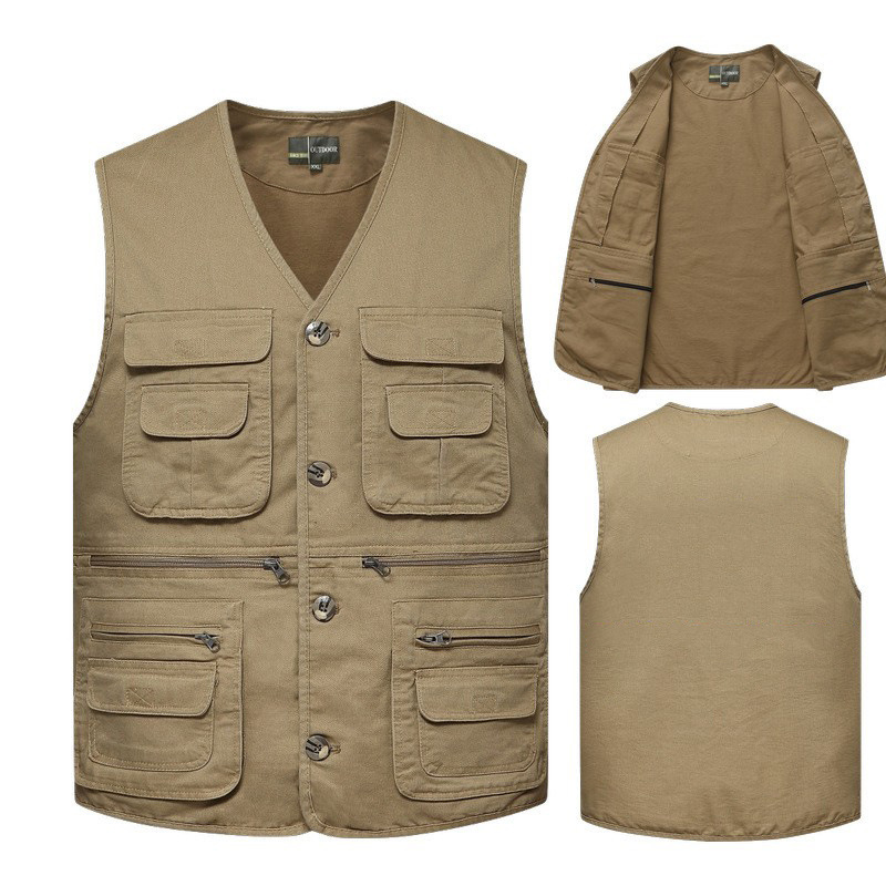 Chaleco de exportación con cuello en V para hombre, con múltiples bolsillos, talla grande, estilo con botones, algodón puro, color sólido, chaleco informal para trabajo, deportivo.