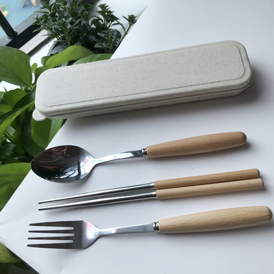 创意木柄不锈钢勺叉筷三件套赠品礼品便携餐具套装日式跨境礼品