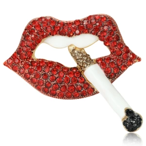 European and American Creative and Unique Alloy Enamel Oil-Drip Diamond-Studded Lip Cigarette Women's Brooch, Fashionable and Simple Clothing Accessory