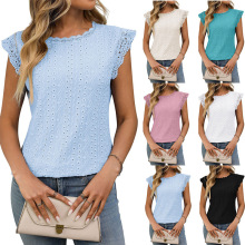 亚马逊女装欧美跨境2025春夏新款纯色圆领短袖蕾丝拼接镂空T恤女