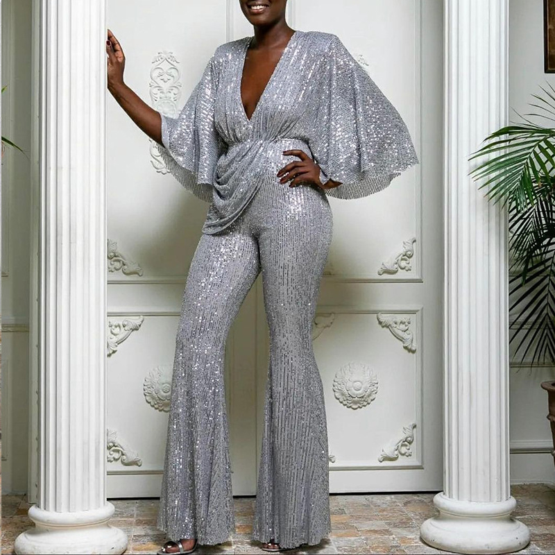 2024 de Europa y América del comercio Exterior las nuevas mujeres ropa eBay Amazon Ventas Directas lentejuelas sexy Deep V backless jumpsuit Pantalones