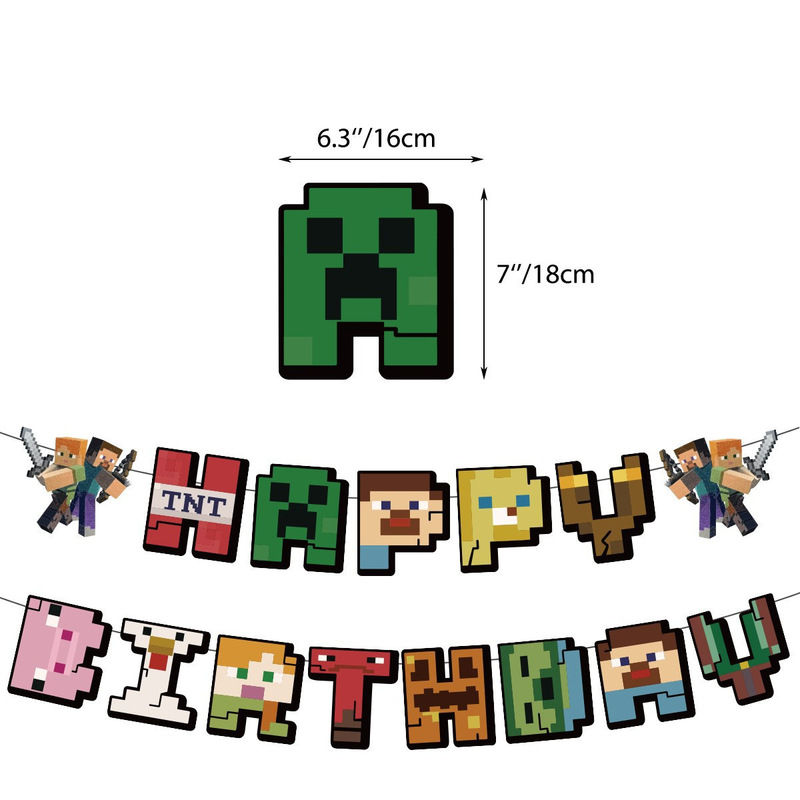 新しいMinecraftテーマパーティー誕生日アレンジメントピクセルバトルバルーンケーキフラグデコレーションソースファクトリー|undefined