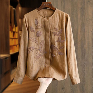 High-End New Chinoiserie Cotton and Linen Mother's Shirt Women's 2025 Spring New Embroidered Loose Elegant Top Trendy
