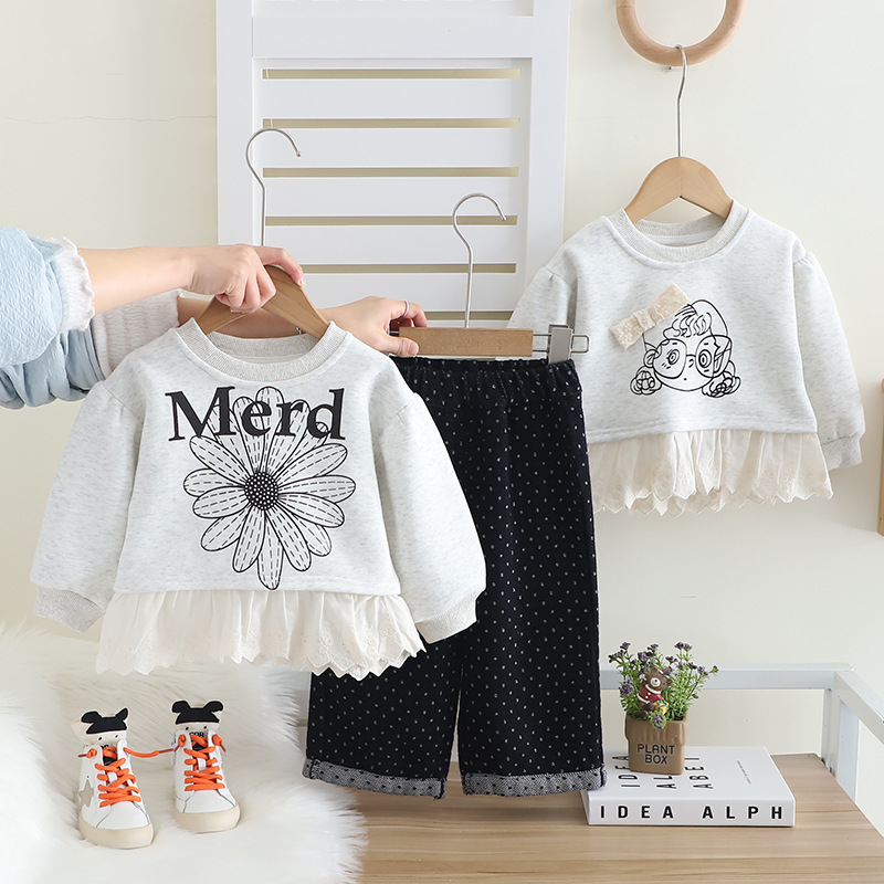 Conjunto de dos piezas para niñas estilo coreano, primavera-otoño 2024 – sudadera y pantalón, venta al por mayor.