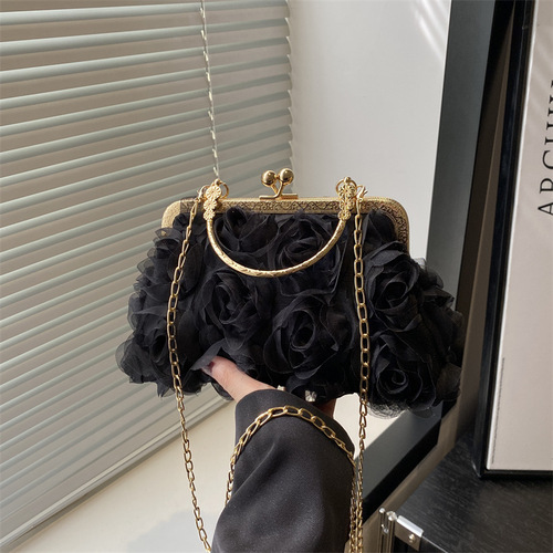 Chiffon 3D Flower Evening Bag Champagne Color Women's Cheongsam Bag Handmade Dress Bag Chain Decorated Bag Shoulder Bag