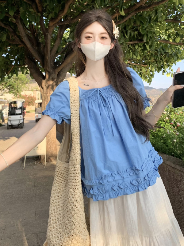 克莱因蓝色棉麻短袖小上衣女夏2025新款多巴胺套装法式娃娃衫T恤|undefined