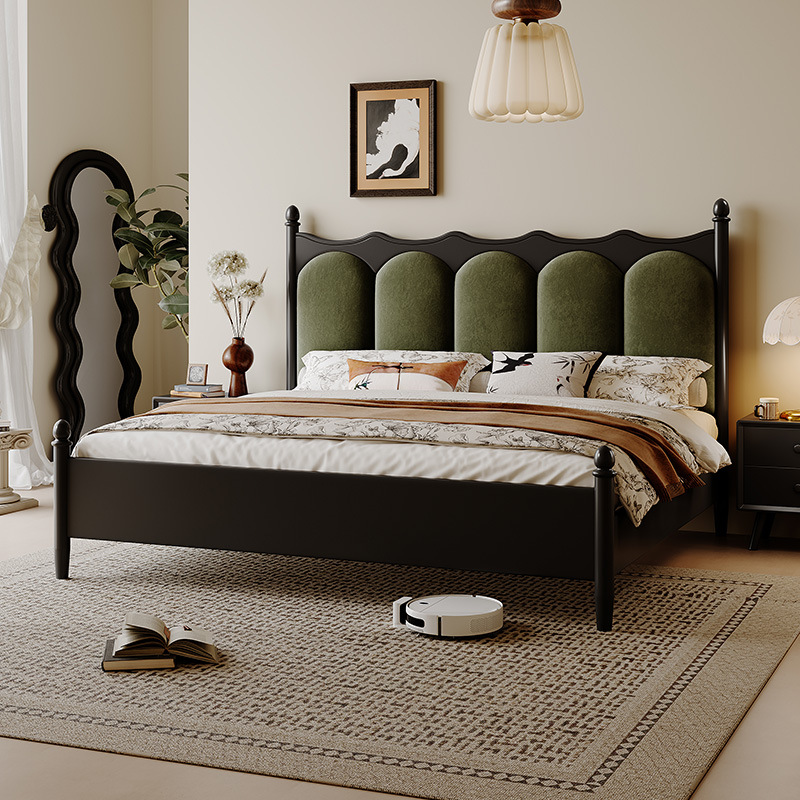Cama de madera maciza francesa retro de color nuez 1.8m cama doble cama principal cama de aire medieval cama de almacenamiento de paquete suave