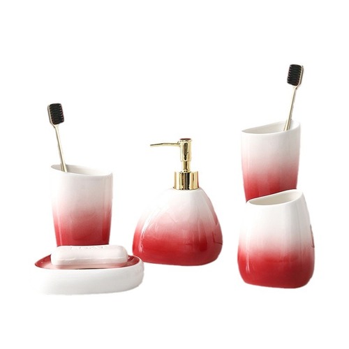 渐变红卫浴五件套欧式简约陶瓷洗漱四件套浴室用品套装结婚漱口杯