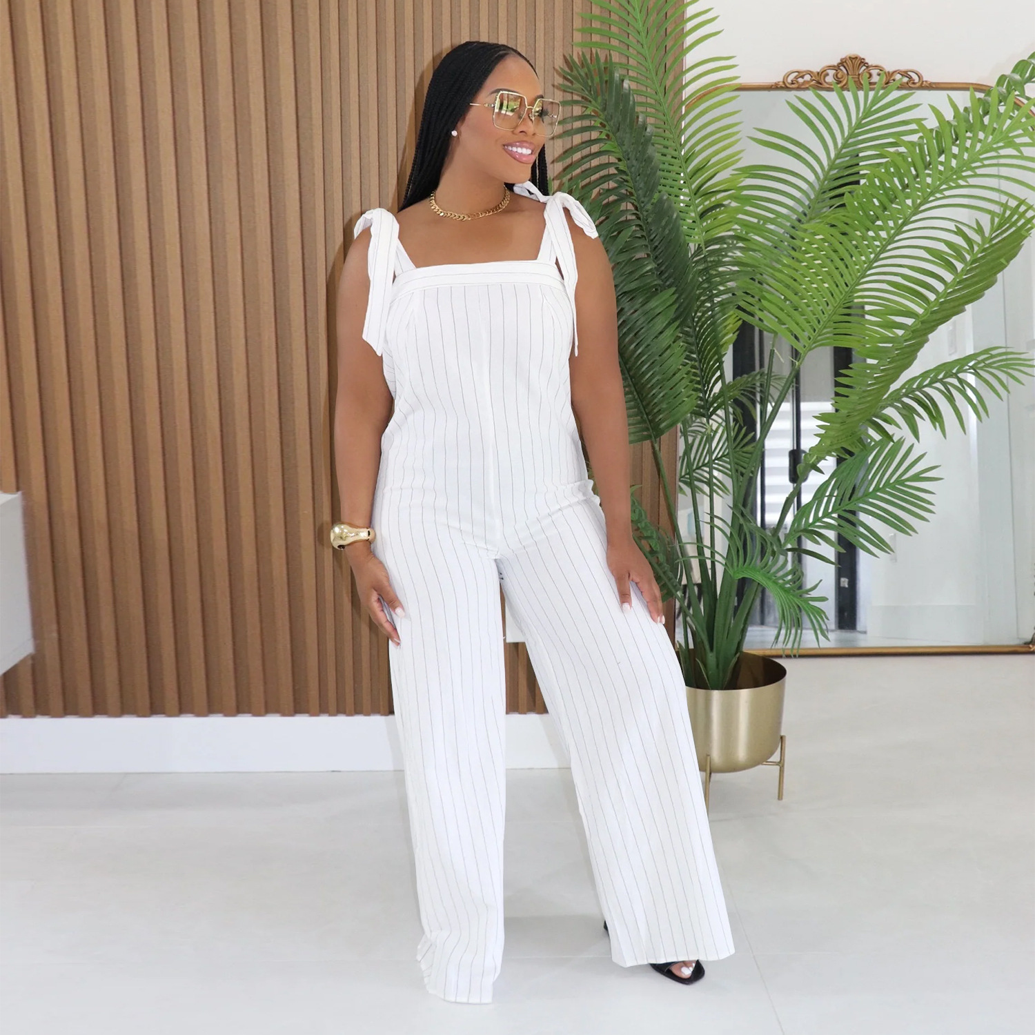 C7698 Cross-Border European And American Women's Casual Striped Strap Wide-Leg Fashion Jumpsuit_ecoleips.com