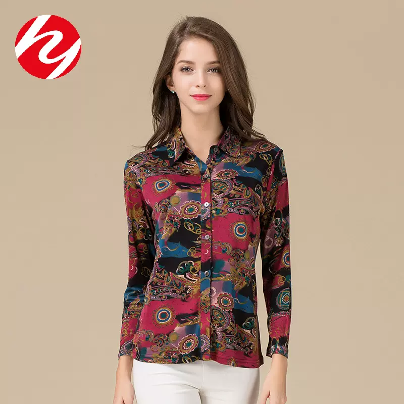 秋季新款真丝双面针织衬衫女大码宽松桑蚕丝翻领印花长袖女装上衣