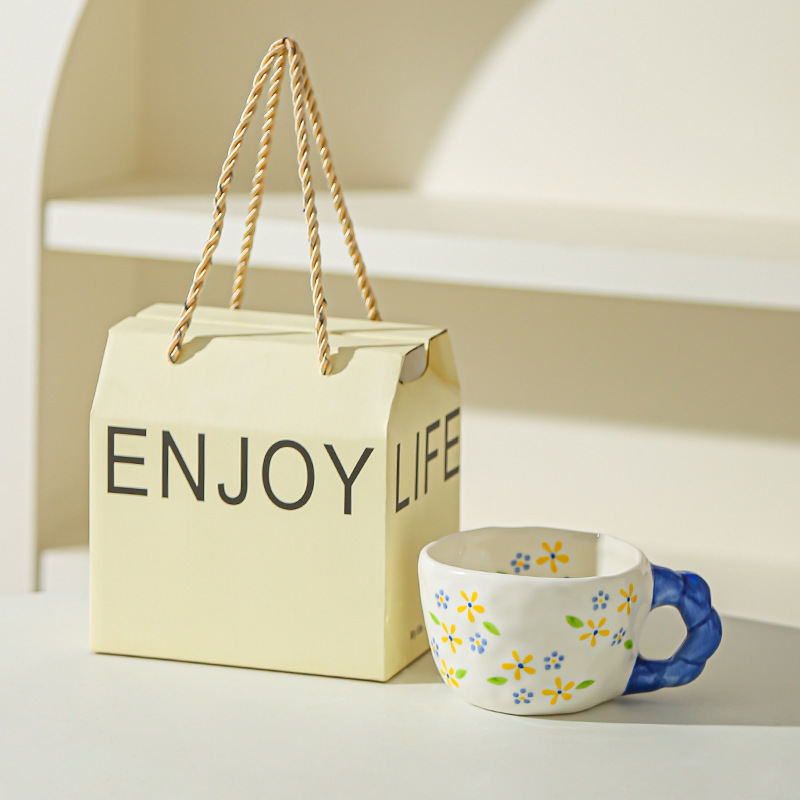 Retro pintado a mano flores hechas a mano irregular tazas de cerámica encantadoras tazas de café diseño tazas de café tazas de agua caseras