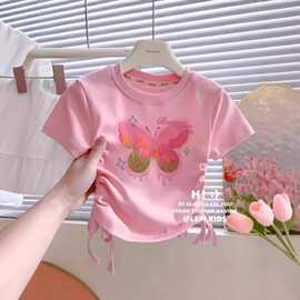 女童冰丝短袖2025夏季新款女小童宝薄棉卡通可爱蝴蝶抽绳短袖T恤
