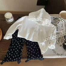 韩版童装2025新款秋季女童蕾丝长袖T恤儿童洋气连帽上衣套装潮