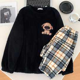 圆领小憨狗珊瑚绒睡衣男秋冬法兰绒加绒加厚情侣家居服女套装跨境