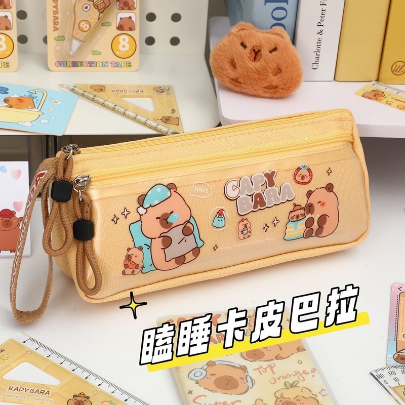 咔巴熊三角卡通笔袋一年级大容量前袋透明可视窗手提文具盒收纳|undefined