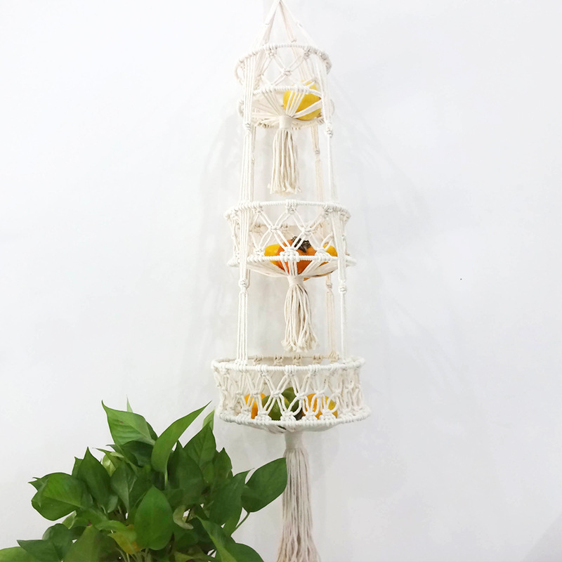 三层水果兜杂物挂兜家居装饰悬挂收纳篮三层蔬果篮棉绳编织收纳筐