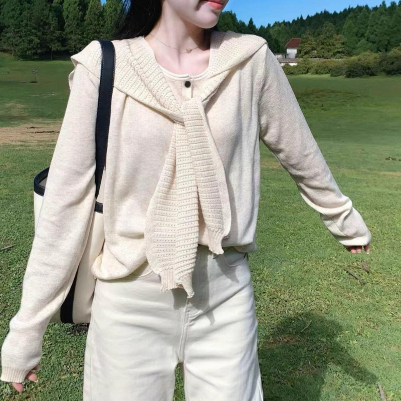 Korean-Style Atmospheric Apricot Knitted Cardigan for Women, a Very Good-Looking Early Autumn Popular Wear with a Shawl Two-Piece Top