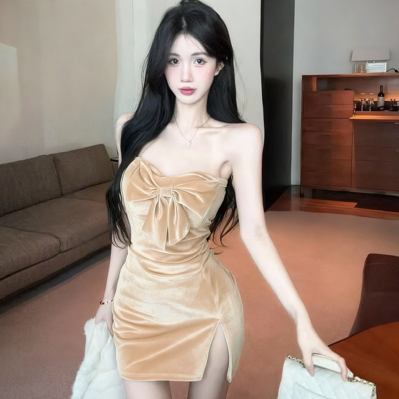New Model 9703 Sexy Velvet Bow-Tie Patchwork Tight-Fitting Tube Dress with Slit, Slimming Bodycon Gown