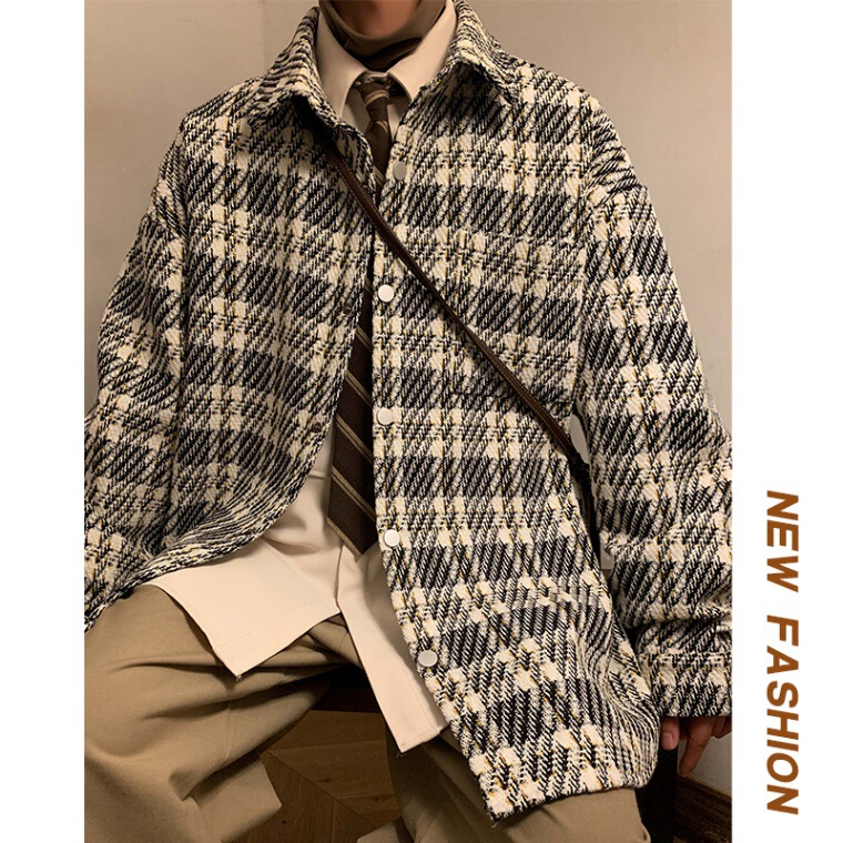 Spring and Autumn Chanel-Style Trendy Versatile Loose Lapel Shirt Men's Fashion Couple Jacket Youth Houndstooth Plaid Jacket