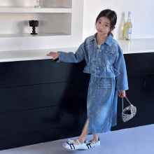 2025儿童春秋新款牛仔两件套外贸烫珠女童洗水蓝跨境工厂套装