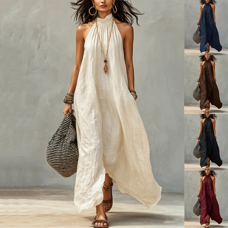 European and American hot girl holiday style halter neck long dress for women, backless, ruched, loose, off-shoulder, bohemian cross-border dress for women