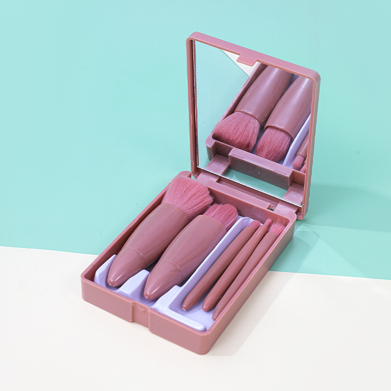 Set de brochas de maquillaje con espejo, 5 brochas, espejo, cerdas suaves, estuche portátil de viaje, brocha para base, brocha para polvos sueltos, brocha para sombras de ojos.