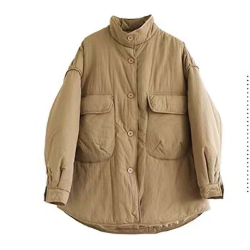 Demi‑season quilted down jacket, oversized cut, solid colors (khaki/black/dark purple)