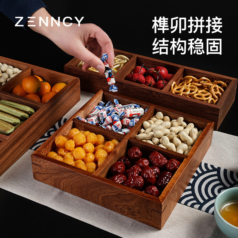 四宮格木製品ドライフルーツプレート中華風プレートフルーツプレート陶器製焚き火台付き茶托セット中華風新潮|undefined