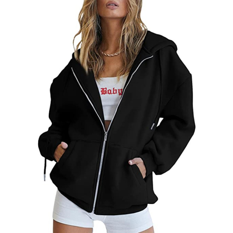 Amazon Cross-Border European and American New Men's and Women's Velvet Hooded Sweatshirts Casual Zipper Cardigan Jackets Ready-Made Tops