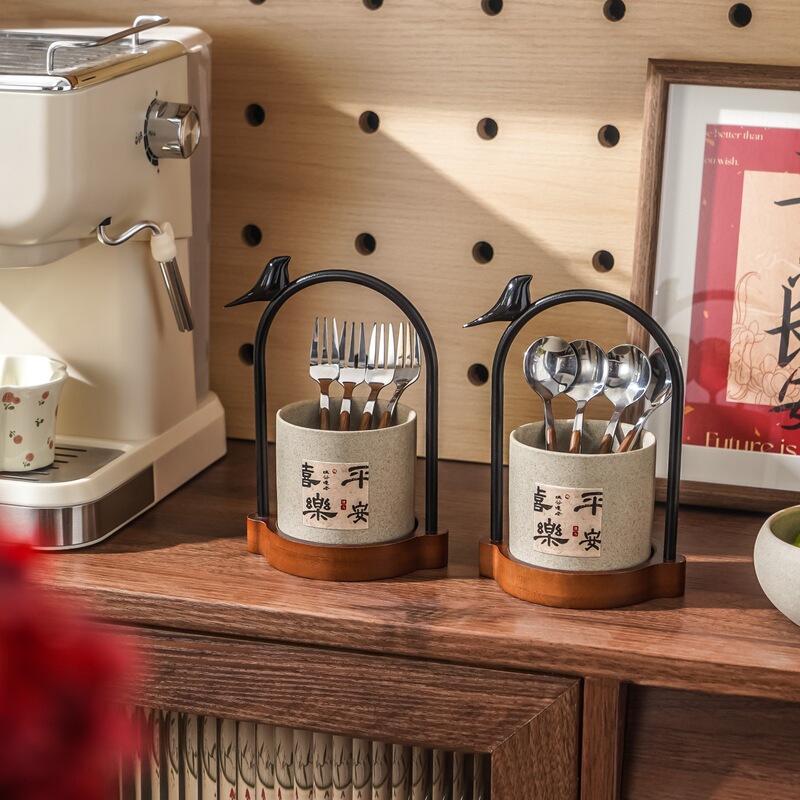 Simple Rustic Ceramic Fruit Fork Storage Jar, High Aesthetic Value, New Year Afternoon Tea Fork and Spoon Set, Dessert Wooden Handle Spoon Set Wholesale