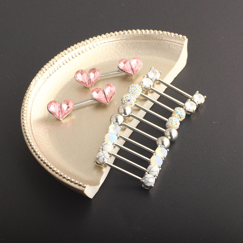 Titanium Steel Zircon Heart Breast Ring Set Stainless Steel Diamond Nail Chest Piercing Jewelry detail image 16