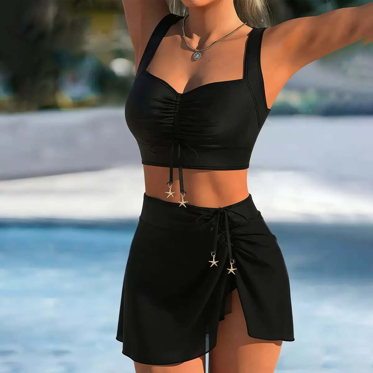 2026欧美跨境亚马逊新款爆款分体网纱裙裤抽绳分体泳衣比基尼套装