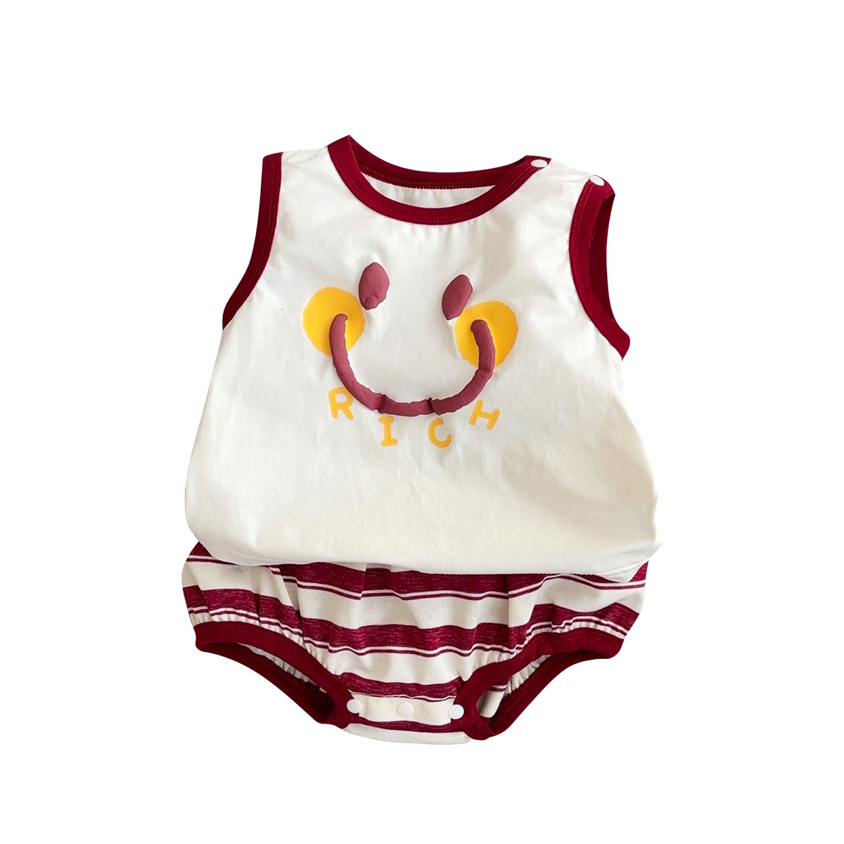 Traje de niño sonriente coreano 2025 verano nuevo estilo bebé dibujos animados pantalones cortos sin mangas hombres bebé delgado traje de dos piezas