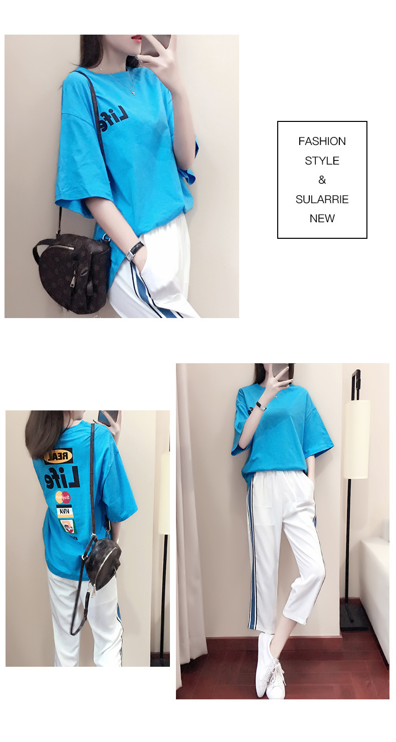 Summer Sports Women's Loose Casual Comfortable Printed Short Sleeve T-Shirt Color Block Jogger Nine-point Pants_voghion.com