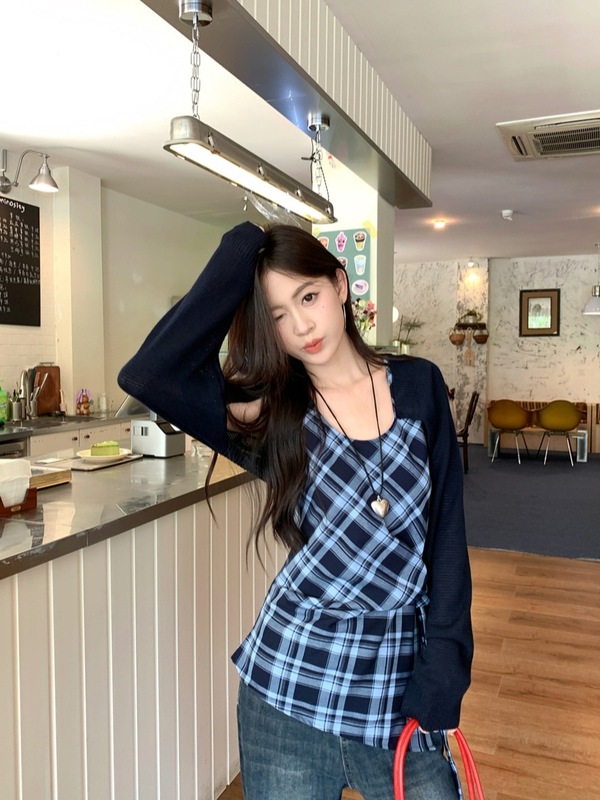 早秋2025新款时尚复古格子背心上衣+长袖针织开衫外套叠穿套装女|undefined